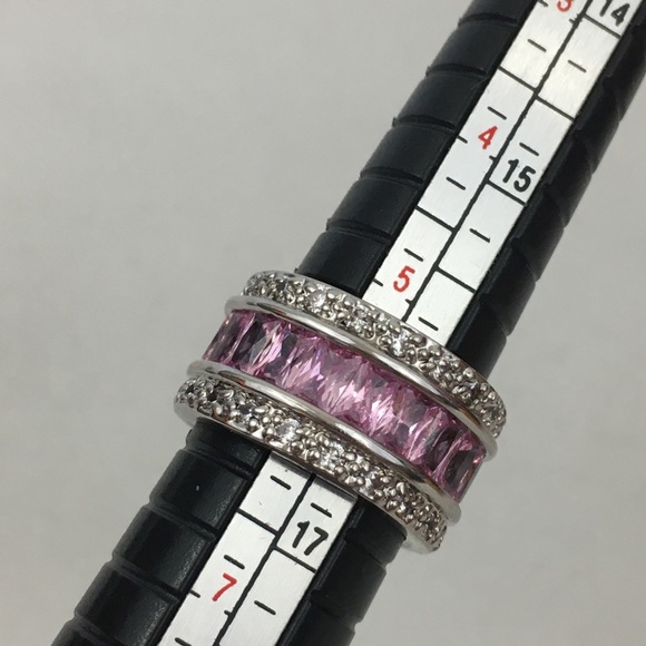 Baguette Paved Ring Pink Silver Size 6 - Picture 13 of 14